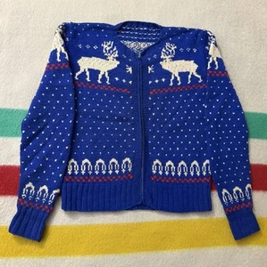 Vintage 50s 60s Talon Zipper Deer Stag Antler Cowichan Cardigan Small Blue Mint - Picture 1 of 21