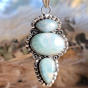 Exquisite Larimar Pendant, Sterling Silver Caribbean Blue Gemstone Necklace - Afbeelding 1 van 9