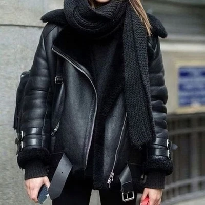 Abrigo de invierno de cuero de oveja REAL negro para mujer - Chaqueta forrada de piel de oveja negra Foto 1 de 4