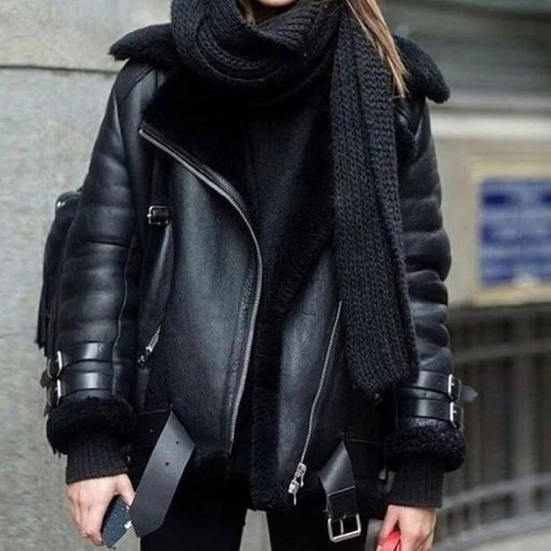 Women's Black REAL Sheep Leather Winter Coat - Black Fur Shearling Lined Jacket - Image 1 of 4