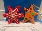 Christmas- 2 large STAR ORNAMENTS- 1 sequins, 1 wood/SWEDISH BEADED/ EMBROIDERED