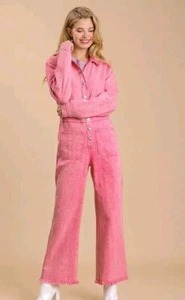 MID BUTTON DOWN STONE WASH WIDE LEG DISTRESSED JUMPSUIT - Picture 1 of 8