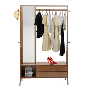 Wooden Garment Rack Freestanding Bamboo Closet Organizers and Storage Drawers - Picture 1 of 24