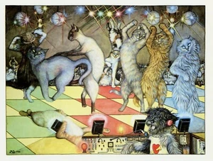Cat art print DISCO DANCING CATS Zoe Stokes illustration vintage wall decor - Picture 1 of 3