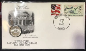 2006 D US Return To Monticello Nickel Sealed gestempelt Denver Mint First Day Issue - Bild 1 von 2
