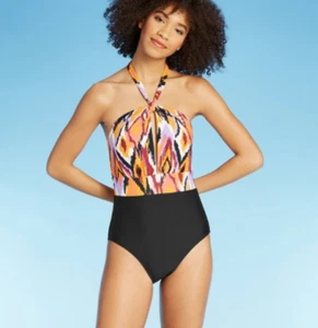 Women's High-Neck Twist One Piece Swimsuit - Sea Angel - Multi/Black - S - S702 - Picture 1 of 4