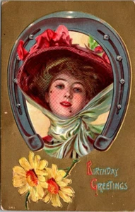 Postcard Birthday Greetings Pretty Lady Large Hat Horse Shoe Flowers Embossed - Picture 1 of 2
