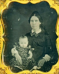 1/6 Teller Daguerreotypie Volletui schöne Mutter und Kind mit viktorianischem Stuhl - Bild 1 von 10