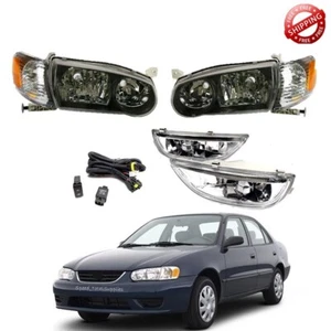 For 2001 2002 Toyota Corolla Headlights Black Set+Fog Lights Clear Lamp Kit - Picture 1 of 10