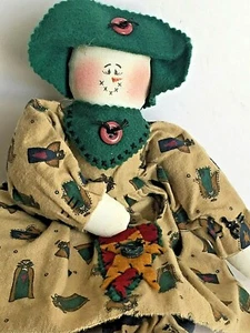 Primitive Cloth Doll Homestead Style Flannel Dress - Felt Hat and Scarf 12" Tall - Picture 1 of 7
