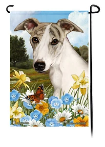 Summer Flowers Garden Flag - Fawn Brindle and White Whippet - Picture 1 of 1