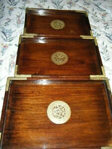ANTIQUE SET OF SHANGHAI STACKING TRAYS WITH BRASS BEAUTIFUL SIGNED