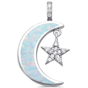 White Opal Crescent Moon & Star Cubic Zirconia .925 Sterling Silver Pendant - Picture 1 of 2