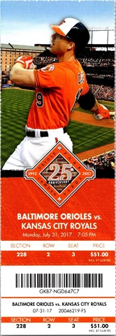TICKET - Baltimore Orioles vs Kansas City Royals (July 31 2017) Chris Davis Cover