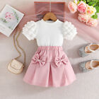 Kids Girls Bowknot Puff Sleeve Tops And Skirts Sets Toddlers Summer Outfits 2Pcs