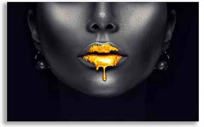 Wandbild Sexy Gold Lips, Abstraktes Leinwandbild goldene Lippen modernes Design - Bild 1 von 2