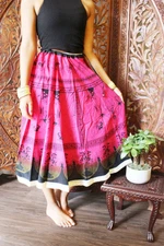 Boho Gypsy Hippy Pink Cotton Printed Skirt Flared Beach Summer Long Skirts S/M 