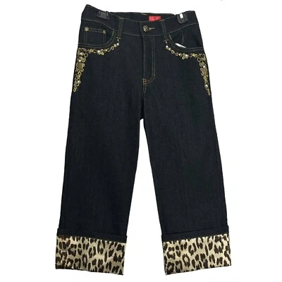 全新 V Cristina 牛仔裤裁剪 2P 黑色串珠猎豹印花缎面下摆 — 第 1/4 张图片