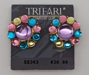 Vintage Trifari Cabachon Pastel Fruit Salad Jelly Belly Lucite Clip On Earrings - Picture 1 of 7