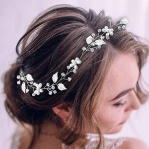 Silver Bride Wedding Hair Vine Leaf Pearl Rhinestone Bridal Headband - Picture 1 of 7