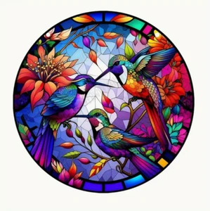 Three Hummingbirds Suncatcher, Brightly Colored, Stained Glass Look, 5.9" - Picture 1 of 8