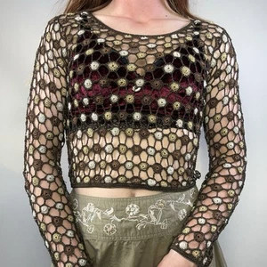 Vintage Boho Charlotte Halton Crochet Mesh Top Floral Long Sleeve Festival S/M - Picture 1 of 7
