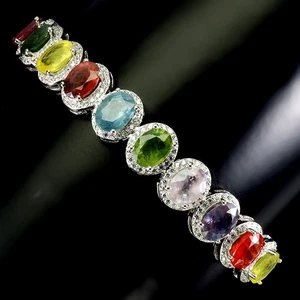 925 Sterling Silver Bangle Oval Sapphire 8x6mm Natural Gemstone Jewelry - Picture 1 of 14