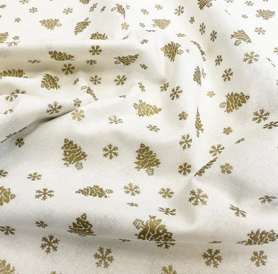 Christmas Fabric - Gold Trees & Snowflakes on Cream Craft Fabric Material Metre - Image 1 of 4