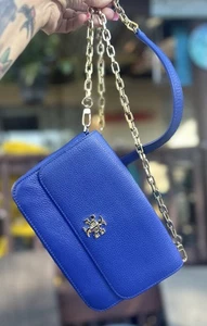 Tory Burch Kira Cobalt Blue Pebbled Leather Crossbody Bag Gold Chain Strap - Bild 1 von 15