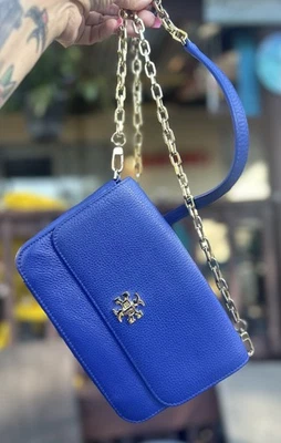 Bolso Bandolera Tory Burch Kira Azul Cobalto Cuero Guijarro Correa Cadena Dorada Foto 1 de 4