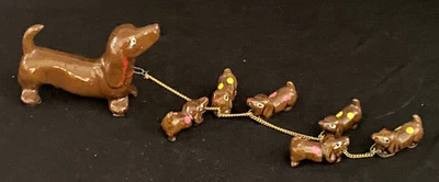Vintage MCM Japan Redware Dachshund Dog Mom w 6 Chained Baby Pups Figurines - Image 1 of 4