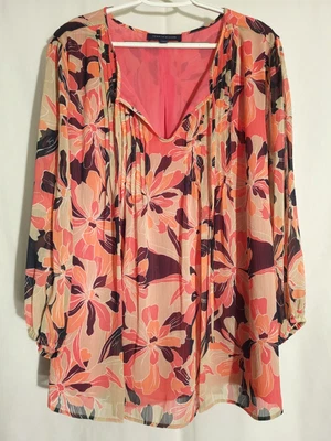 Tommy Hilfiger-Pink Black Tan Floral Semi-Sheer Lined Long Sleeve Top Blouse-2X - Image 1 of 4