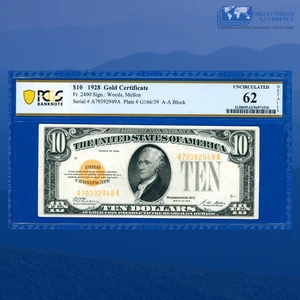 Fr.2400 1928 $10 Ten Dollars Gold Certificate, Gold Seal, PCGS UNC 62 #92949 - Picture 1 of 3