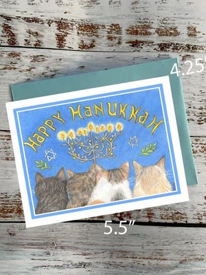 Hanukkah celebration of lights,  notecard, featuring four lovely cats #1501 - Image 1 of 2