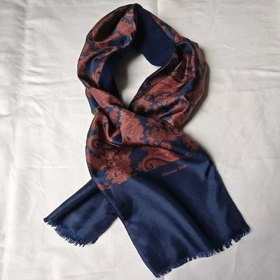 Шарф Christian Dior винтажный темно-синий пейсли шелк, шерсть 52 дюйма - доставка из США  - Изображение 1 из 4