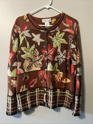 Women’s Vintage Susan Bristol 90S Cardigan Sweater Leaves Medium Knitted Brown - Image 1 of 4