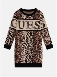 Guess Girl Dress Size 12Y Leopard Print Knit Long Sleeve Sequin Logo Girls Brown - Picture 1 of 14