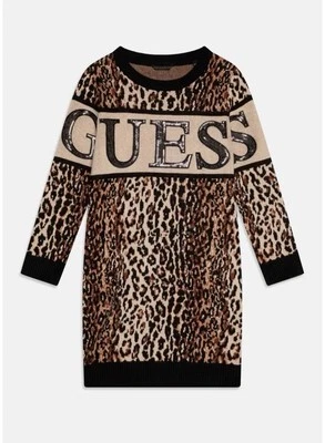 Guess Girl Dress Size 12Y Leopard Print Knit Long Sleeve Sequin Logo Girls Brown - Image 1 of 4