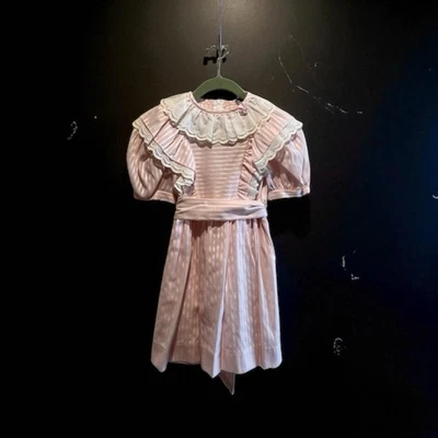 Vtg Polly Flinders Puff Sleeves Pink White Stripe Dress Eyelet Girl's Size 6X - Image 1 of 4