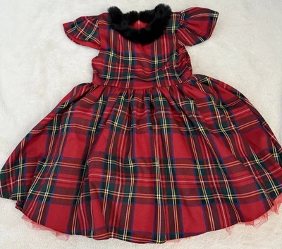 Girls Trish Scully Evangeline Xmas Red Tartan Plaid Black Fur Holiday Dress 5 - Image 1 of 4