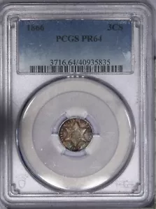 1866 Three Cent Silver 3cs PCGS PR64 PF64 - Beautifully Toned! LB - Picture 1 of 2