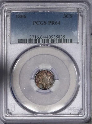 1866 Three Cent Silver 3cs PCGS PR64 PF64 - Beautifully Toned! LB - Image 1 of 2