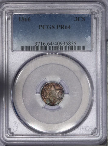1866 Three Cent Silver 3cs PCGS PR64 PF64 - Beautifully Toned! LB Cover