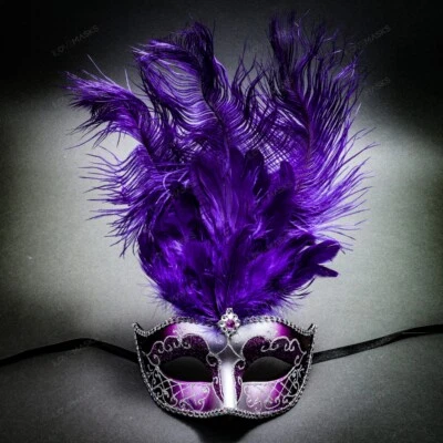 Venetian Purple Masquerade Mask Show Girl Ostrich Top Feather Eye Mask Costume - Image 1 of 4