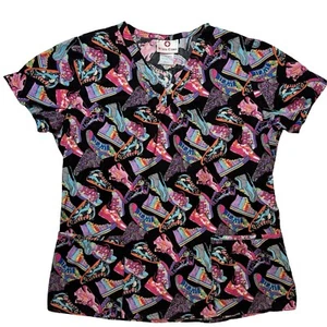 WHITE CROSS "Sneakers" Scrub Top Size Small Black Multicolor Medical Uniform - Picture 1 of 13