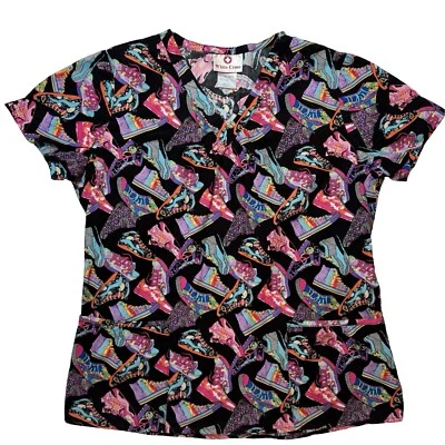 WHITE CROSS "Sneakers" Scrub Top Size Small Black Multicolor Medical Uniform - Image 1 of 4