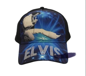 Elvis  Aron Presley Baseball Cap Blue With Rhinestones & Elvis In White Jumpsuit - Picture 1 of 2