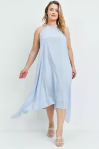 Womens Plus Size Blue Stripe Midi Maxi Dress 2XL Halter Neckline - Picture 1 of 2