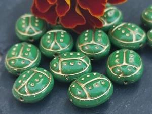 6 Czech glass ladybird ladybug animal green with gold wash beads 13 x 11 mm - Picture 1 of 6