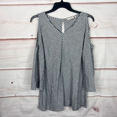 Soft Surroundings Top Women XL Gray Stripe Tunic Blouse Bell Sleeve V-Neck Woven - Изображение 1 из 4